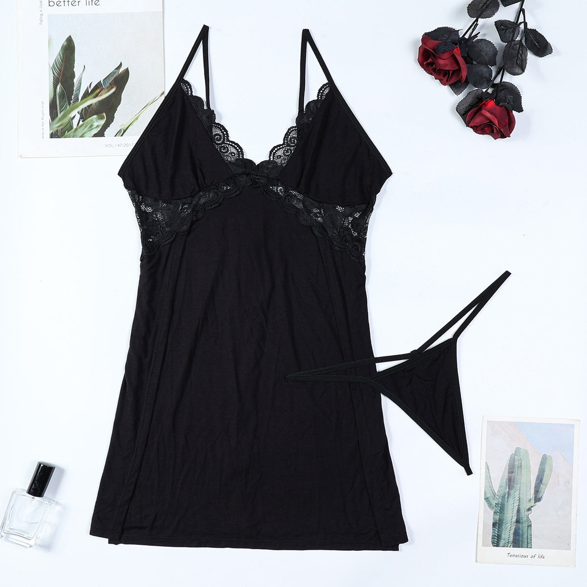 Black Solid Lace High Slit Thigh-High Sexy Strap Nightgown Two-Piece Set Homewear